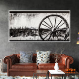 Wagon Wheel, Mountain Landscape, Black and White Western Art, Rustic Home Decor, Framed Canvas Print, Farmhouse Living Room Art