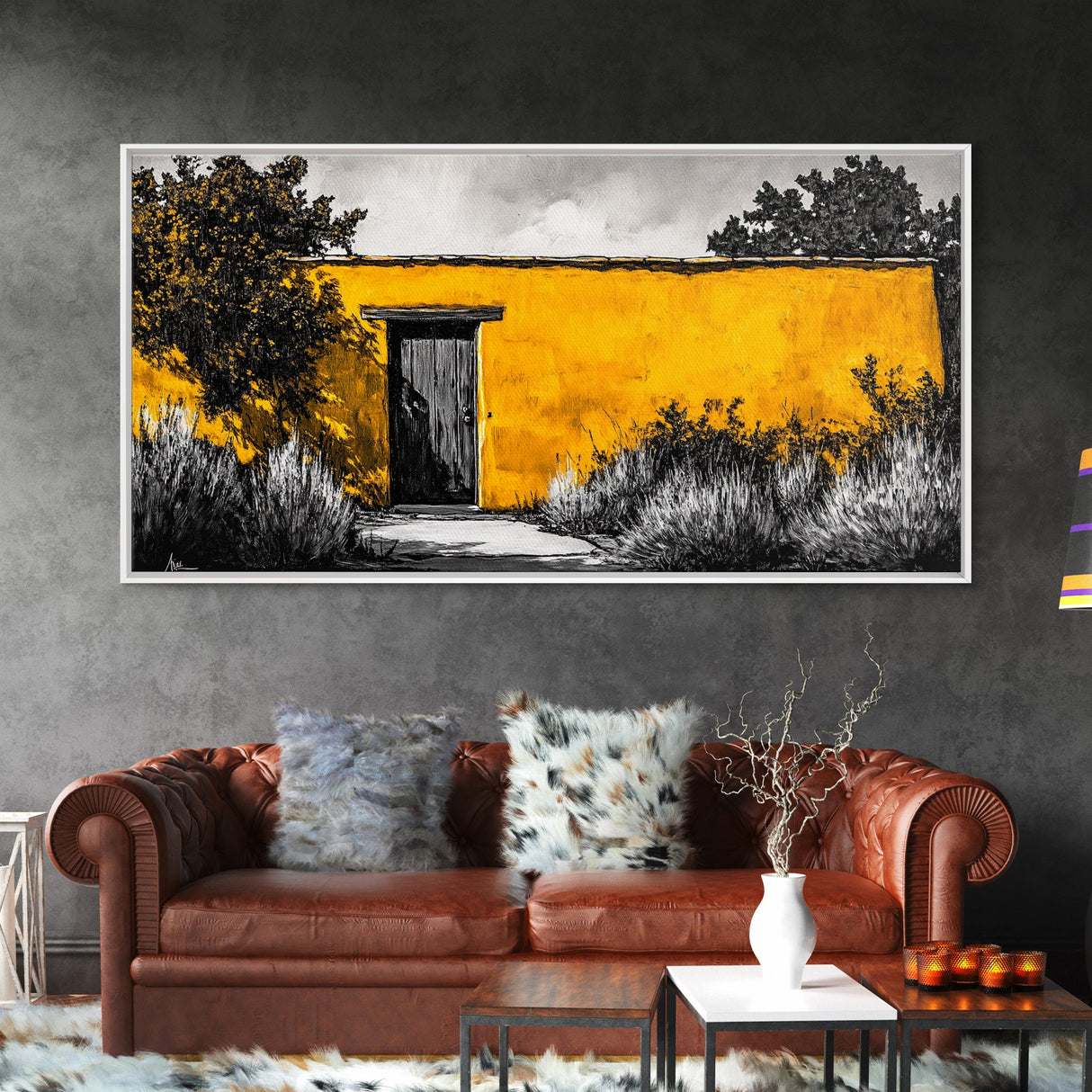 Adobe House, Southwestern Art, Yellow Wall Painting, Rustic Desert Decor, Black and White Canvas Print, Living Room Wall Art