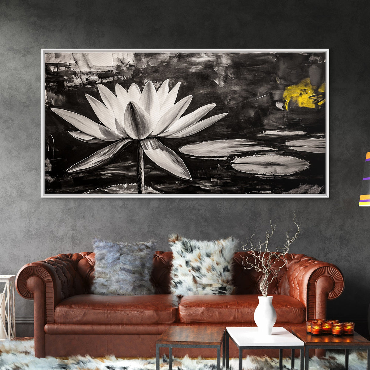 Lotus Flower, Black and White Botanical Art, Zen Wall Decor, Nature Painting, Minimalist Canvas Print, Bedroom Meditation Art