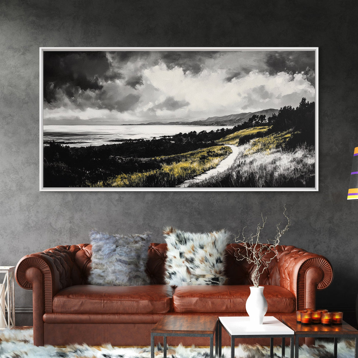 Golden Field, Pathway Landscape, Black and White Art, Moody Sky, Scenic Wall Decor, Office Wall Art, Canvas Print, Minimalist Nature