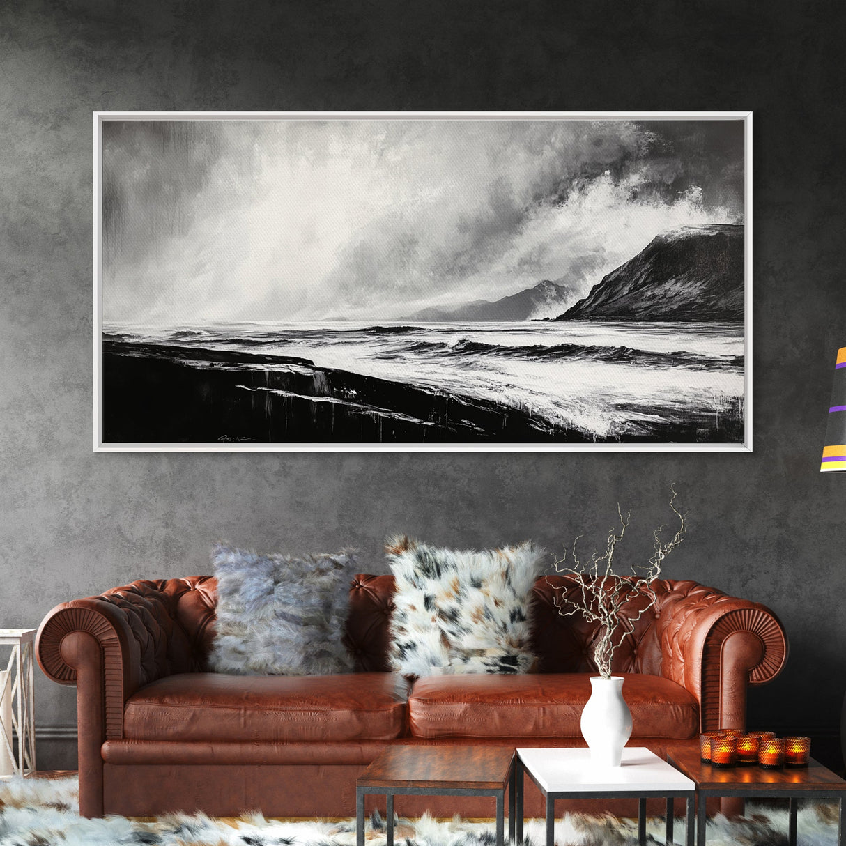 Monochrome Seascape, Dramatic Waves, Stormy Ocean, Modern Wall Art, Black and White Painting, Living Room Art, Framed Canvas Print, Gift Idea