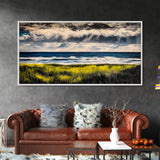 Rain Over Ocean, Blue Seascape, Beach House Decor, Coastal Art, Atmospheric Painting, Nature Inspired, Office Wall Art, Framed Canvas Print