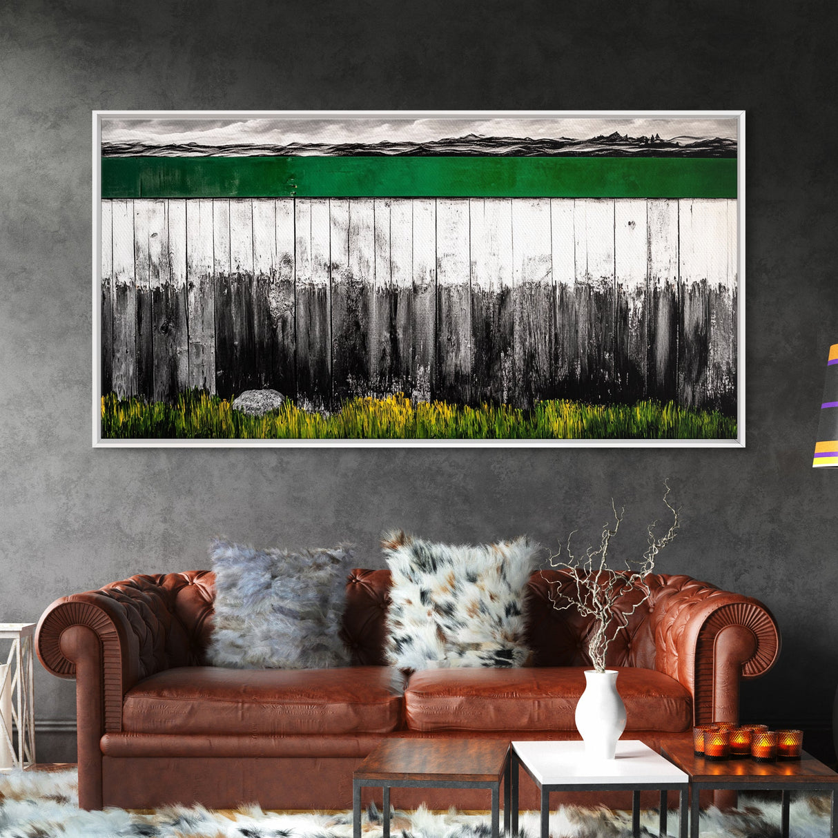 Rustic Fence, Green Landscape, Modern Country Art, Black and White with Color, Nature Inspired, Farmhouse Decor, Serene View, Canvas Print
