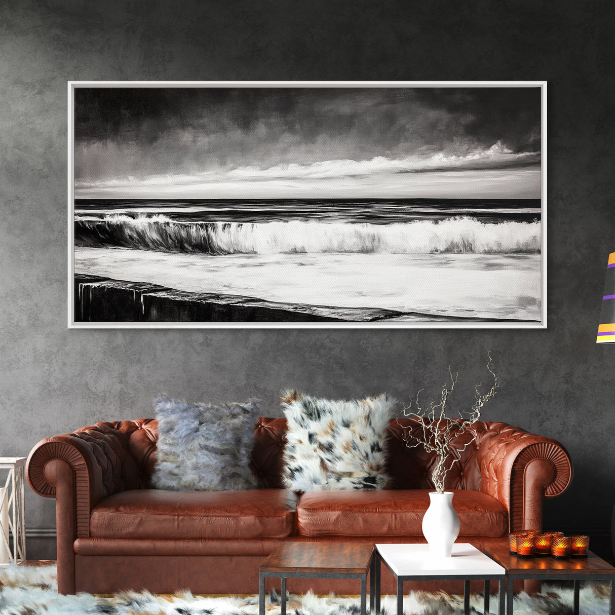 Monochrome Ocean, Rolling Waves, Black and White Beach Art, Framed Canvas Print, Minimalist Seascape, Coastal Wall Decor, Bedroom Art