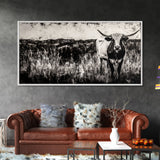 Texas Longhorn, Rustic Farmhouse, Black and White Western Art, Framed Canvas Print, Country Home Decor, Rustic Living Room Wall Art