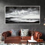 Black and White Beach, Moody Sky, Stormy Waves, Framed Canvas Print, Minimalist Wall Art, Modern Home Decor, Nautical Landscape