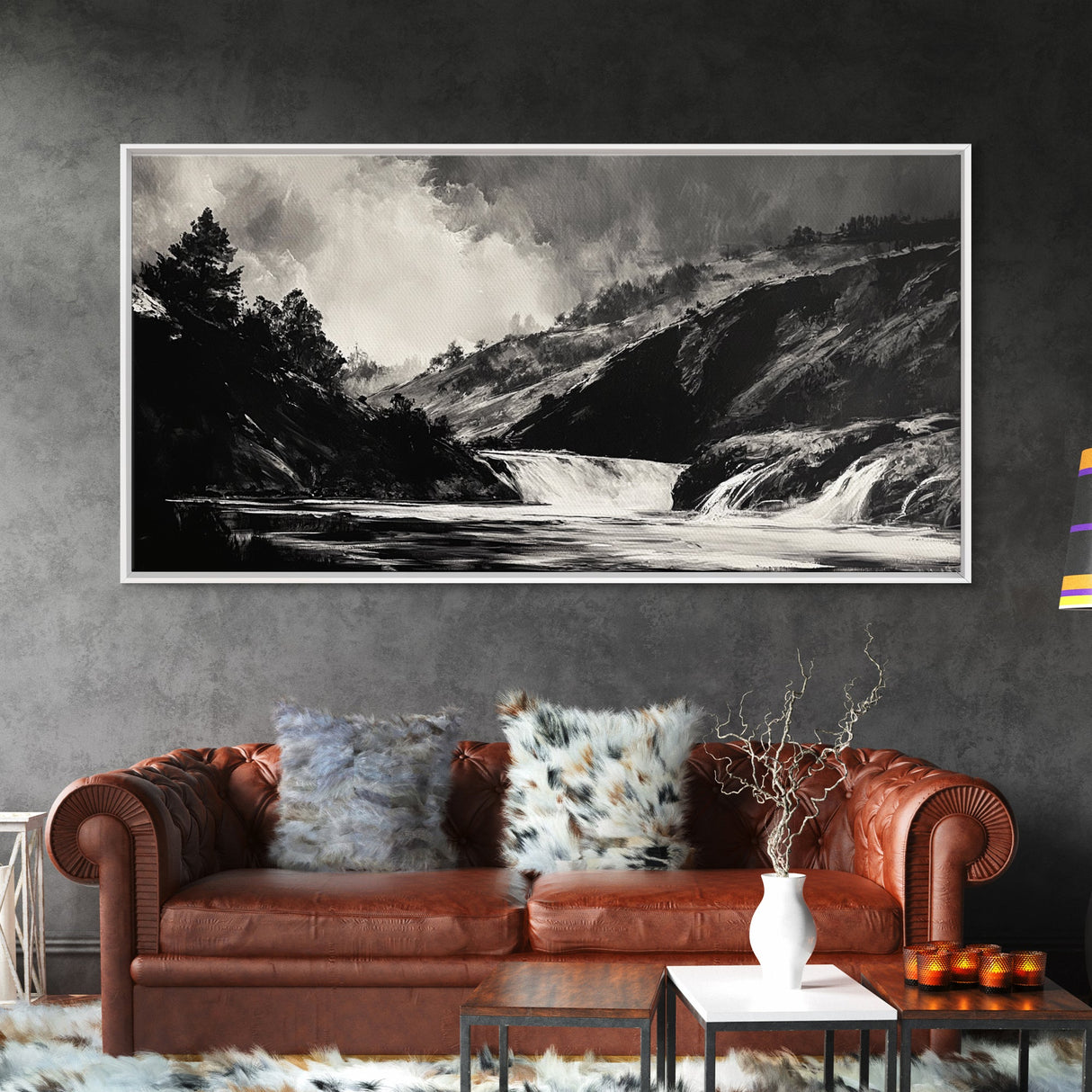 Waterfall Painting, Dramatic Nature, Mountain River, Framed Canvas Print, Monochrome Art, Nature Decor, Lodge Wall Art, Rustic Home