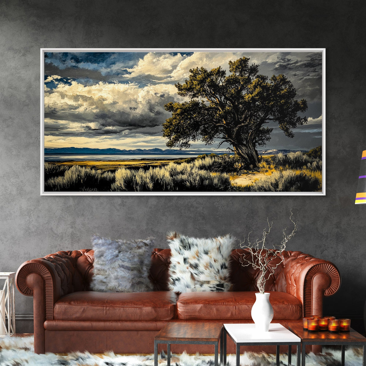 Solitary Tree, Dramatic Sky, Western Landscape, Rustic Nature, Southwest Art, Framed Canvas Print, Living Room Decor, Bold Earthy Painting