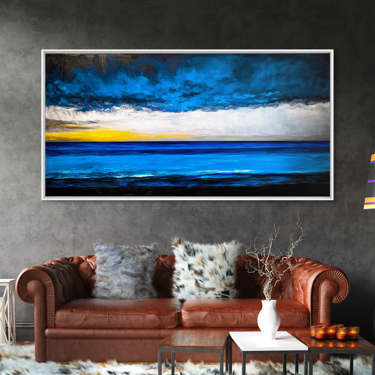 Ocean Waves, Deep Blue, Stormy Sky, Coastal Painting, Modern Seascape, Framed Canvas Print, Beach House Decor, Minimalist Wall Art