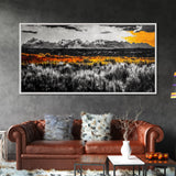Mountain Range, Autumn Colors, Rustic Landscape, Moody Sky, Warm Tones, Framed Canvas Print, Cabin Wall Decor, Living Room Art