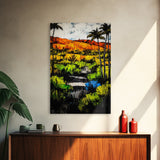 Tropical Landscape, Palm Trees, Sunset Glow, Framed Canvas Print, Vibrant Wall Art, Living Room Decor, Modern Colorful Art, Nature Scene