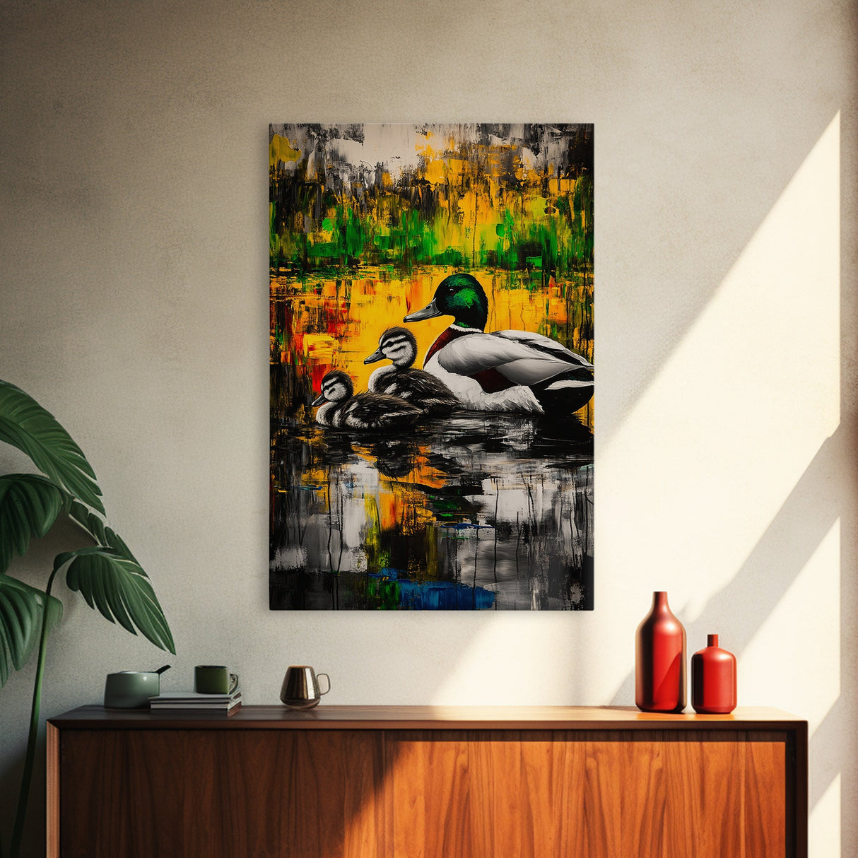 Ducks Pond Nature, Framed Canvas Print, Wildlife Art, Vibrant Watercolor Style, Rustic Wall Decor, Country Home Art, Gift Idea