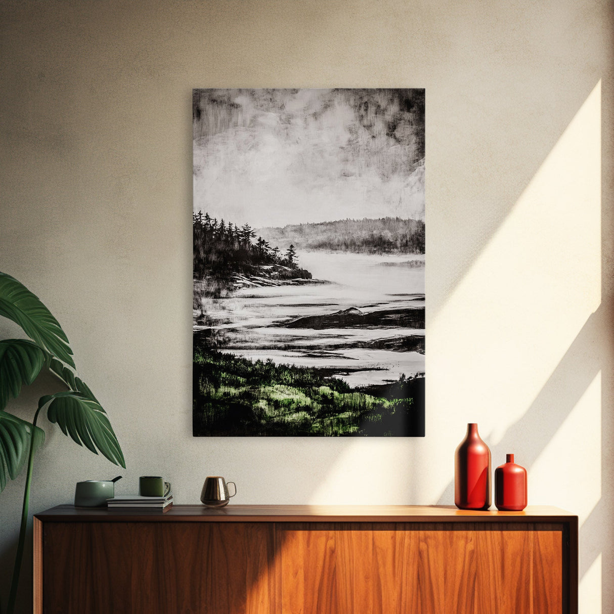 Misty Mountain View, Black and White Landscape, Minimalist Nature Wall Art, Bedroom Decor, Framed Canvas Print, Neutral Aesthetic