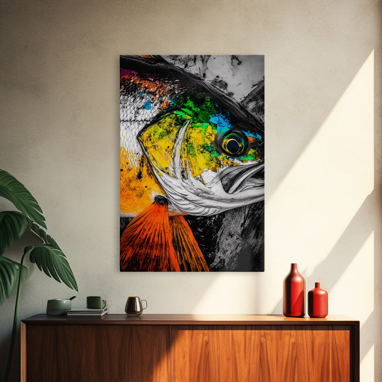 Vibrant Fish Art, Abstract Ocean Decor, Blue Yellow Green, Coastal Wall Art, Nautical Home Decor, Beach House Art, Framed Canvas Print