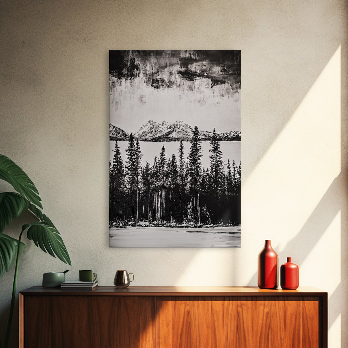 Mountain Serenity, Black and White Landscape, Nature Art, Tranquil Home Decor, Minimalist Painting, Office Artwork, Framed Canvas Print