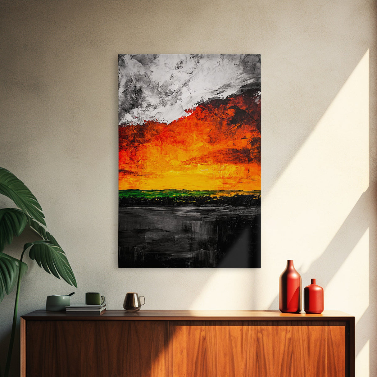 Fiery Sunset, Abstract Landscape, Vibrant Colors, Warm Tones, Fall Wall Decor, Bold Statement Art, Living Room Art, Framed Canvas Print