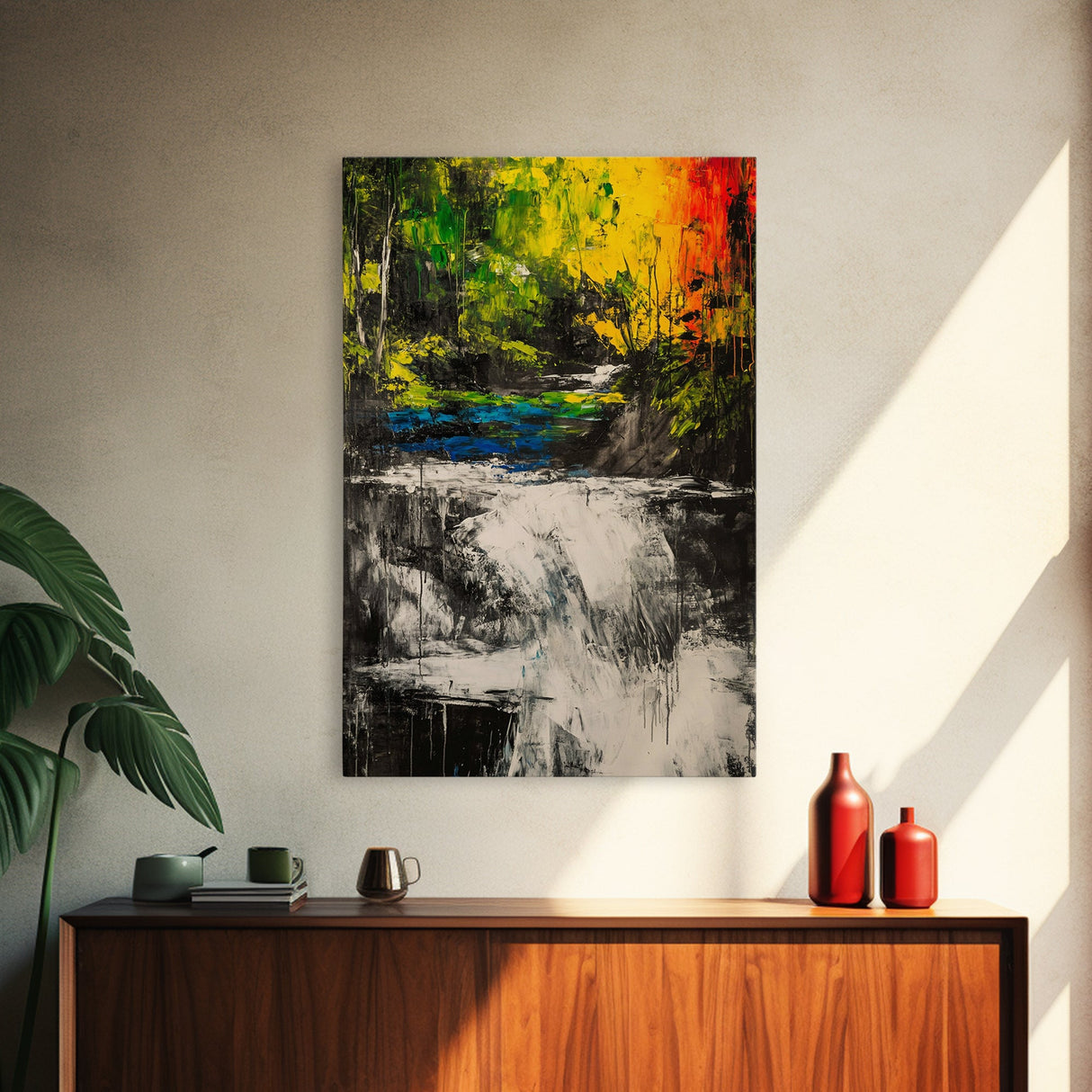 Waterfall Glow, Nature Art, Forest Landscape, Vibrant Painting, Modern Home Decor, Wilderness Retreat, Fall Wall Art, Framed Canvas Print