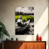 Kayaker River Scene, Black White Green Landscape, Peaceful Nature Art, Adventure Outdoor Wall Decor, Rustic Cabin Gift, Canvas Print