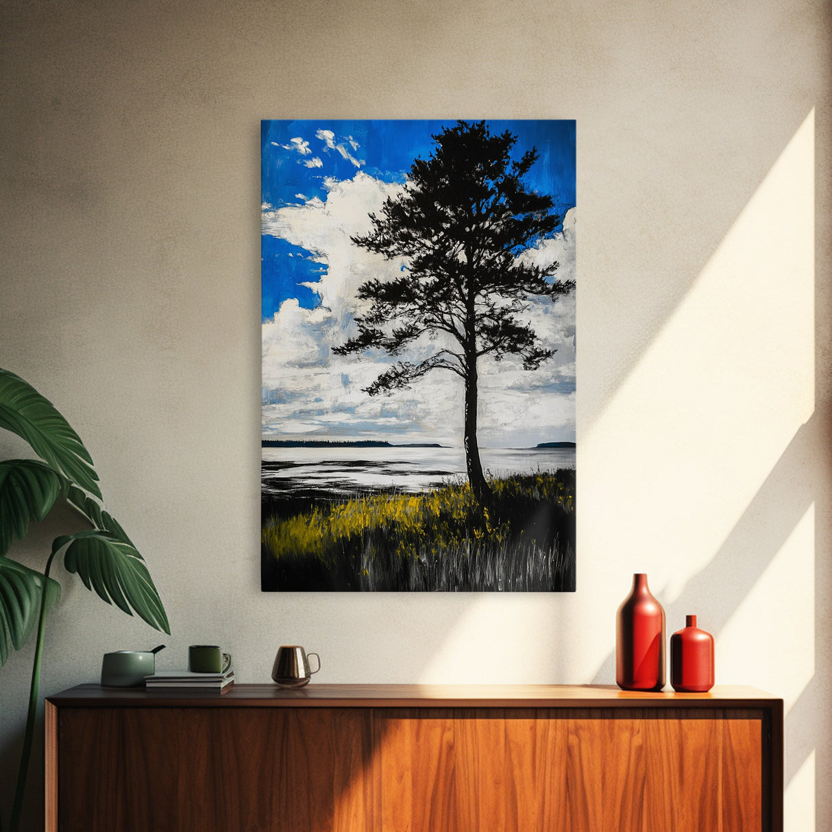 Lone Tree, Coastal Sunset, Blue Sky Painting, Black and White Landscape, Nature Art, Modern Wall Decor, Framed Canvas Print, Tranquil Mood