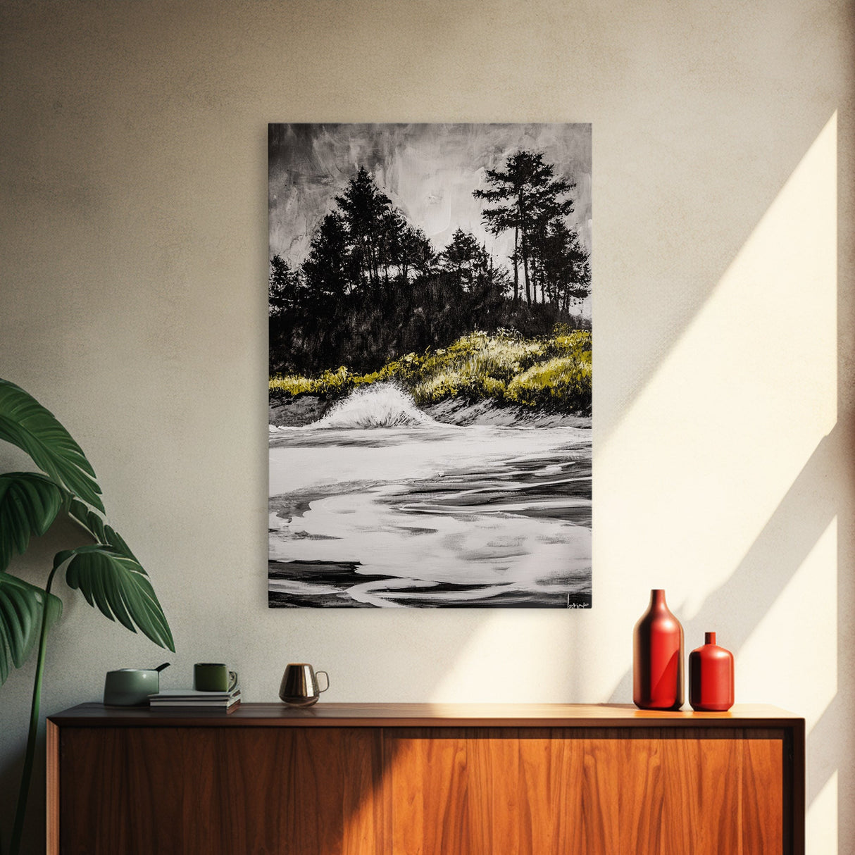 Forest Edge, Beach Shore, Dramatic Sky, Black and White Wall Art, Modern Minimalist Decor, Living Room Art, Canvas Print, Nature Inspired
