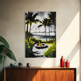 Palm Trees, Fire Pit, Coastal Escape, Beach House Decor, Black and White Art, Tropical Landscape, Canvas Print, Relaxing Wall Art