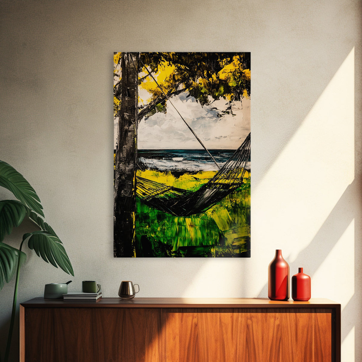 Hammock Breeze, Ocean View, Beach Retreat, Tropical Wall Art, Nature Decor, Black and White Painting, Framed Canvas Print, Coastal Vibes