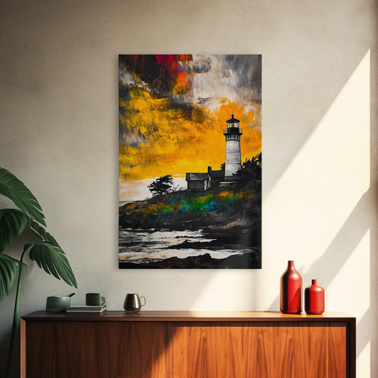 Sunset Lighthouse, Coastal Glow, Nautical Wall Art, Bold Seascape, Beach Home Decor, Warm Tones, Living Room, Canvas Print, Gift Idea