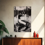 Loon, Lake Reflection, Nature Wall Art, Framed Canvas Print, Black and White Art, Minimalist Decor, Cabin Wall Art, Rustic Home