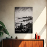 Misty Coast, Black White Art, Framed Canvas Print, Coastal Landscape, Foggy Ocean, Living Room Art, Nautical Decor, Monochrome Art