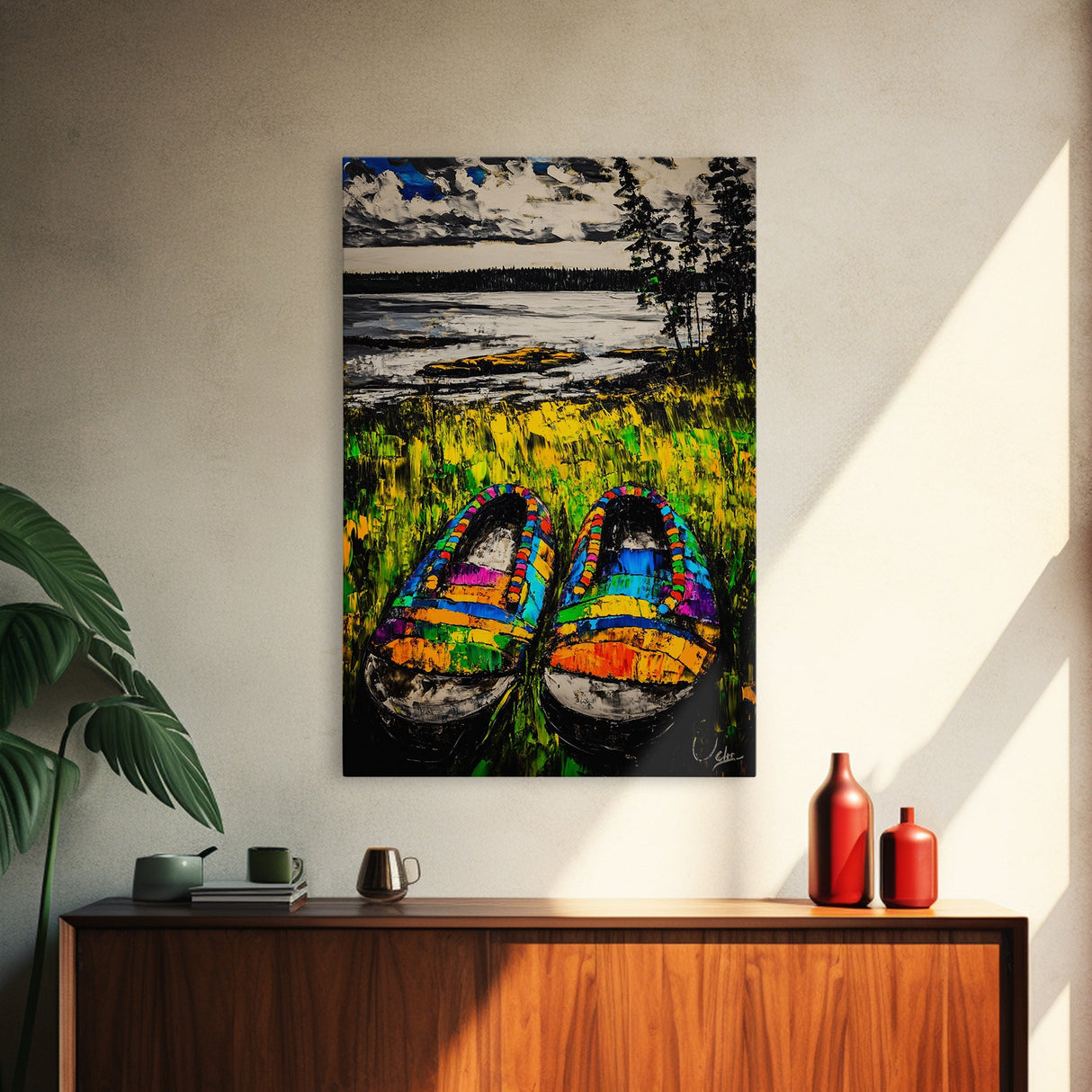 Boho Shoes, Colorful Summer Art, Coastal Decor, Relaxing Nature Scene, Eclectic Wall Art, Abstract Expressionism, Canvas Print