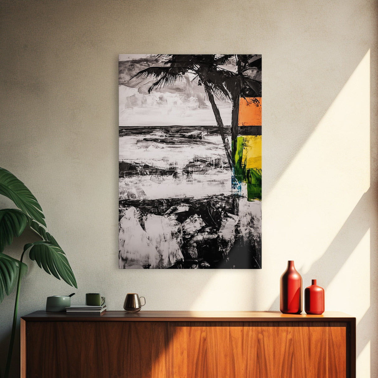 Palm Tree, Coastal Abstract, Beach Landscape, Framed Canvas Print, Tropical Wall Art, Black and White Painting, Modern Home Decor
