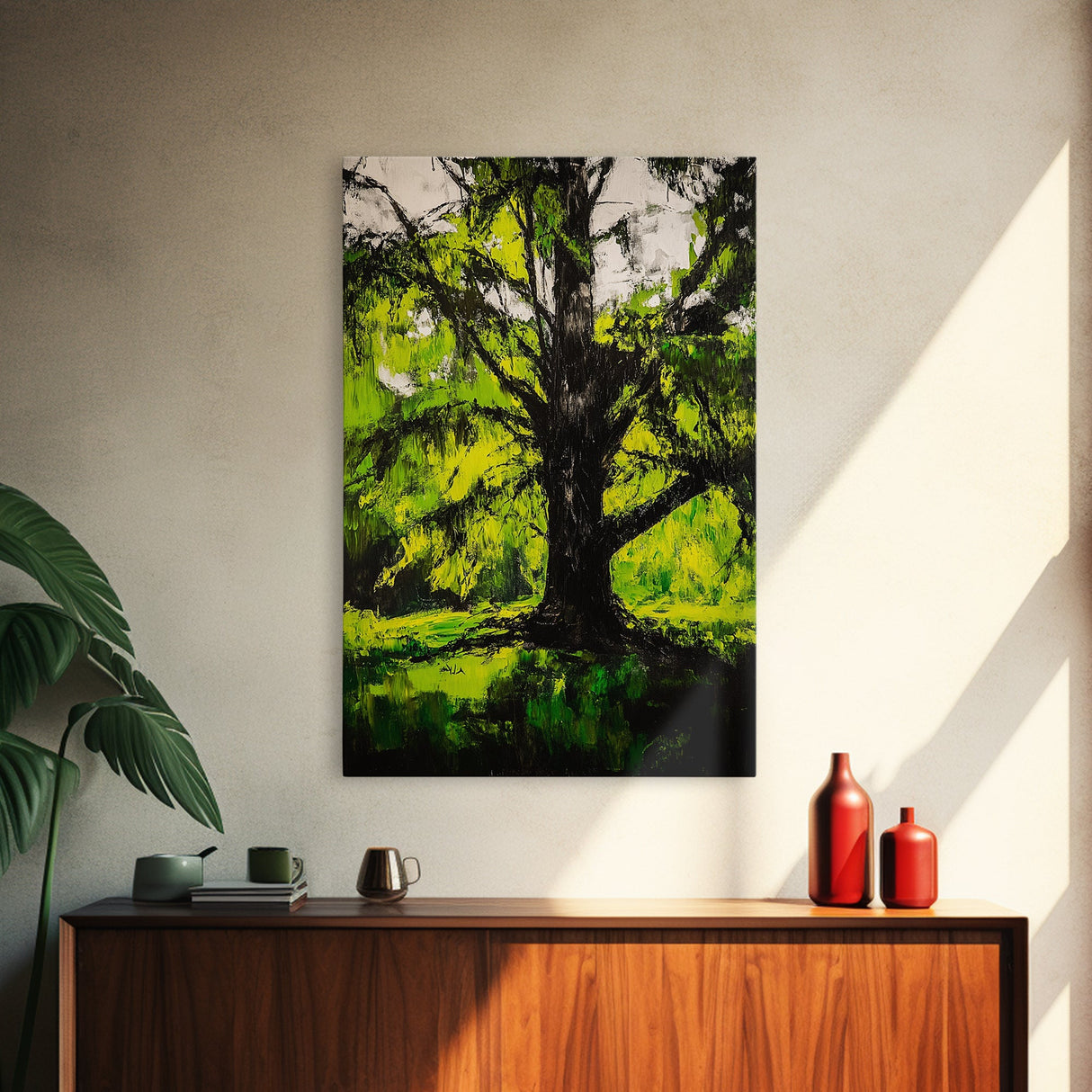 Majestic Tree, Forest Green, Nature Inspired, Framed Canvas Print, Botanical Wall Art, Office Wall Decor, Boho Landscape