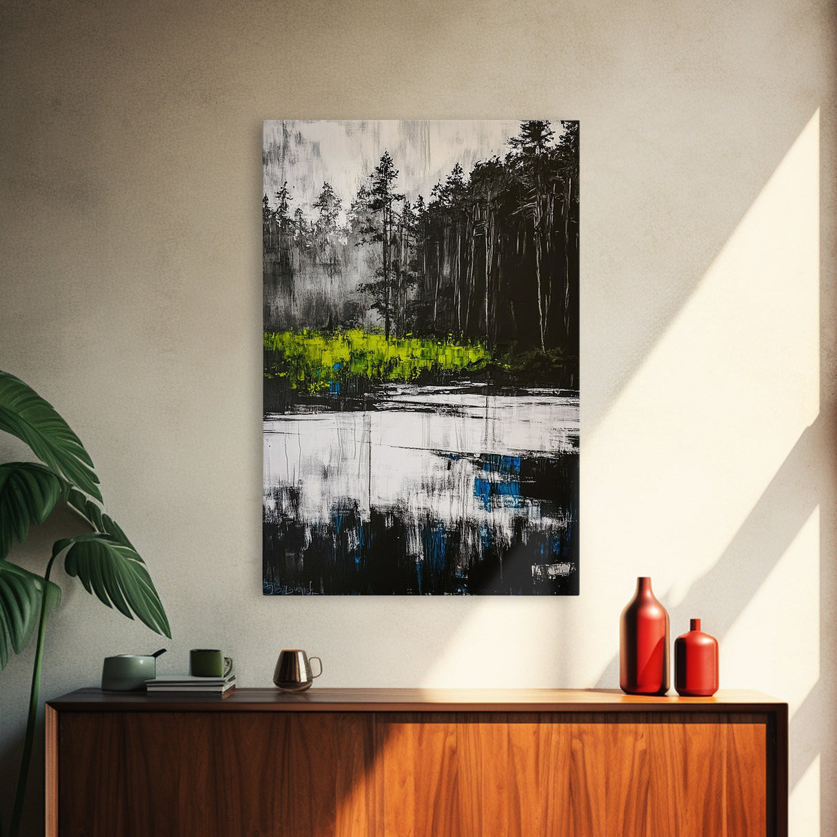 Misty Forest, Reflection, Tranquil Landscape, Framed Canvas Print, Nature Wall Art, Black and White Decor, Bedroom Art, Rustic Home