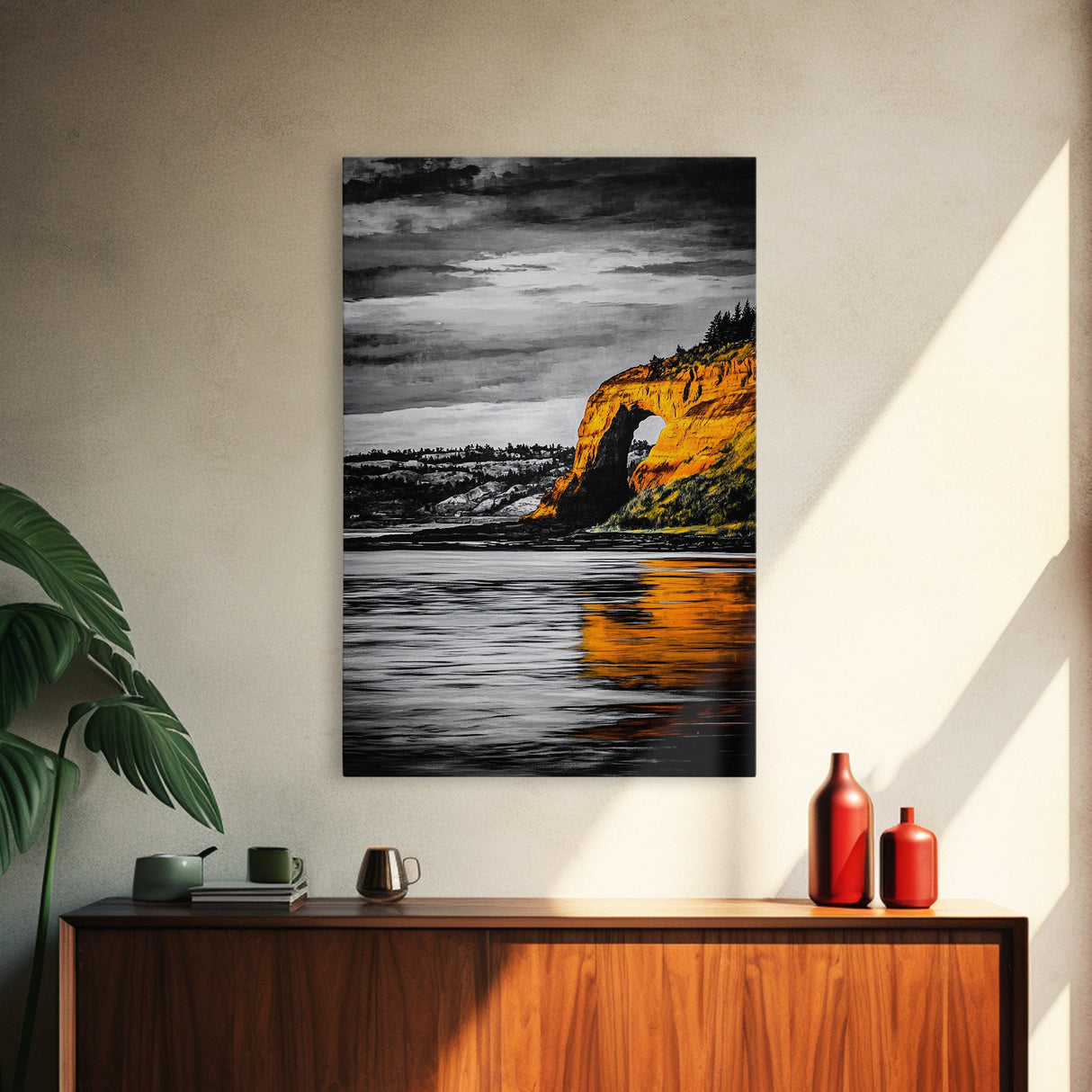Coastal Arch, Ocean Canvas Print, Seascape Wall Art, Nautical Home Decor, Living Room Artwork, Black and White Landscape