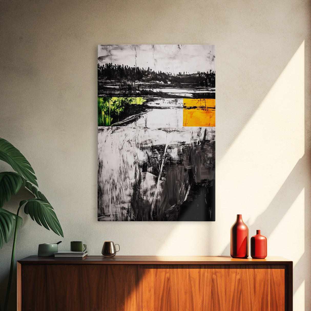 Minimalist Landscape, Abstract Nature, Modern Print, Contemporary Painting, Black and White, Green Accents, Framed Canvas Print, Bedroom Art