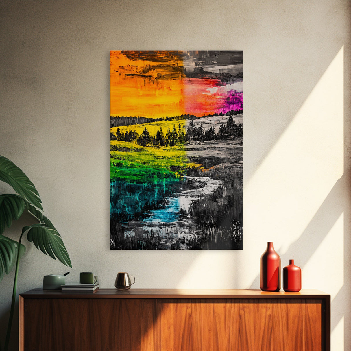 Vibrant Sunset, Colorful Landscape, Bold Abstract Art, Nature Inspired, Modern Painting, Framed Canvas Print, Living Room Wall Decor