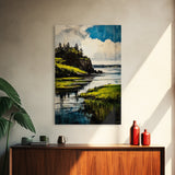 Lake Serenity, Peaceful Waters, Scenic Landscape, Nature Wall Art, Vibrant Green and Blue, Framed Canvas Print, Relaxing Home Decor