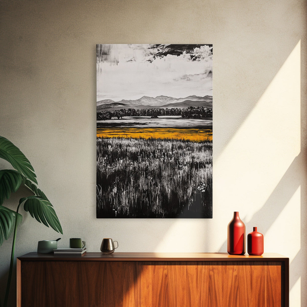 Golden Meadow, Black and White Landscape with Yellow Accents, Minimalist Nature Wall Art, Framed Canvas Print, Living Room or Office Decor