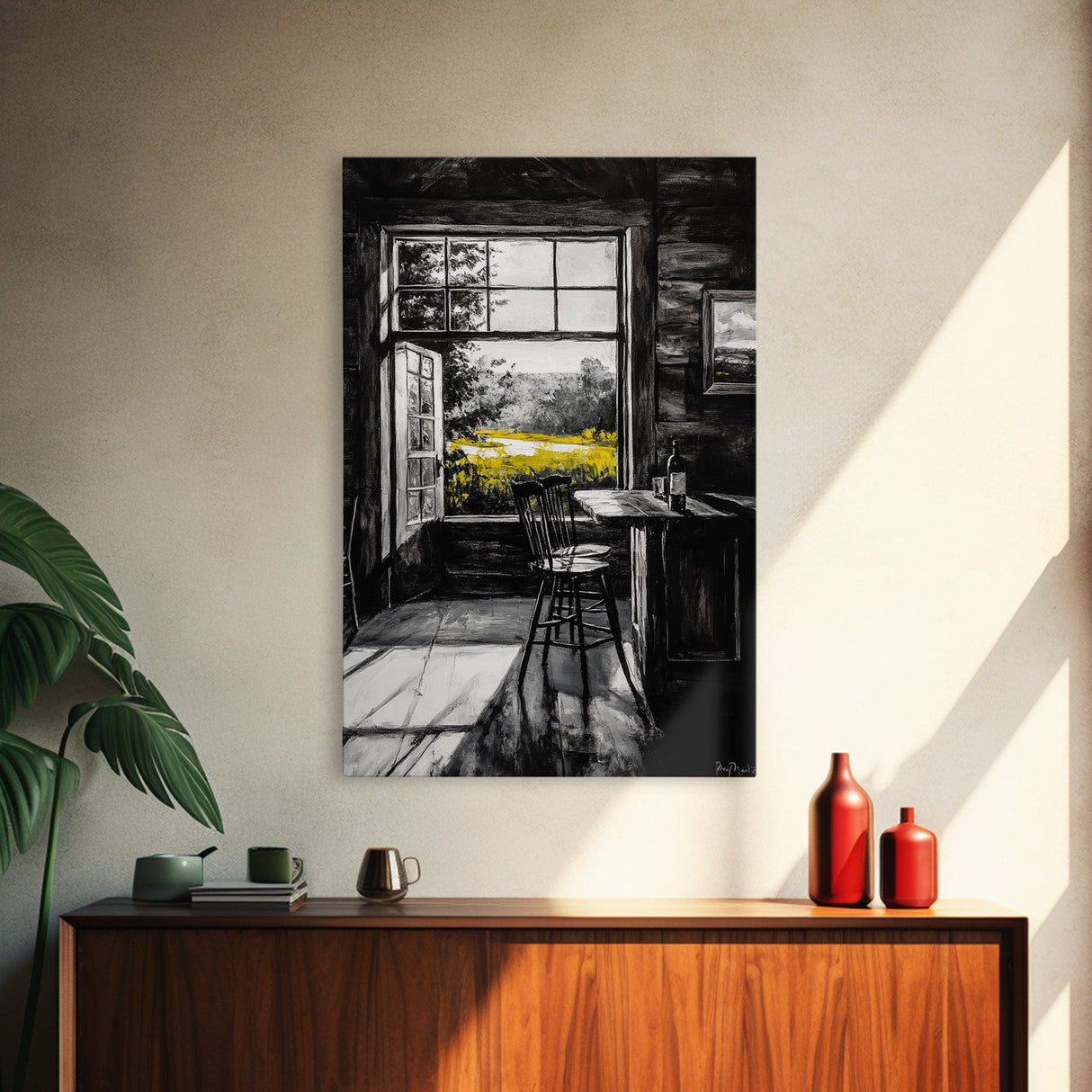 Rustic Cabin View, Black and White with Yellow Accents, Cozy Country Home Art, Framed Canvas Print, Living Room or Dining Room Decor