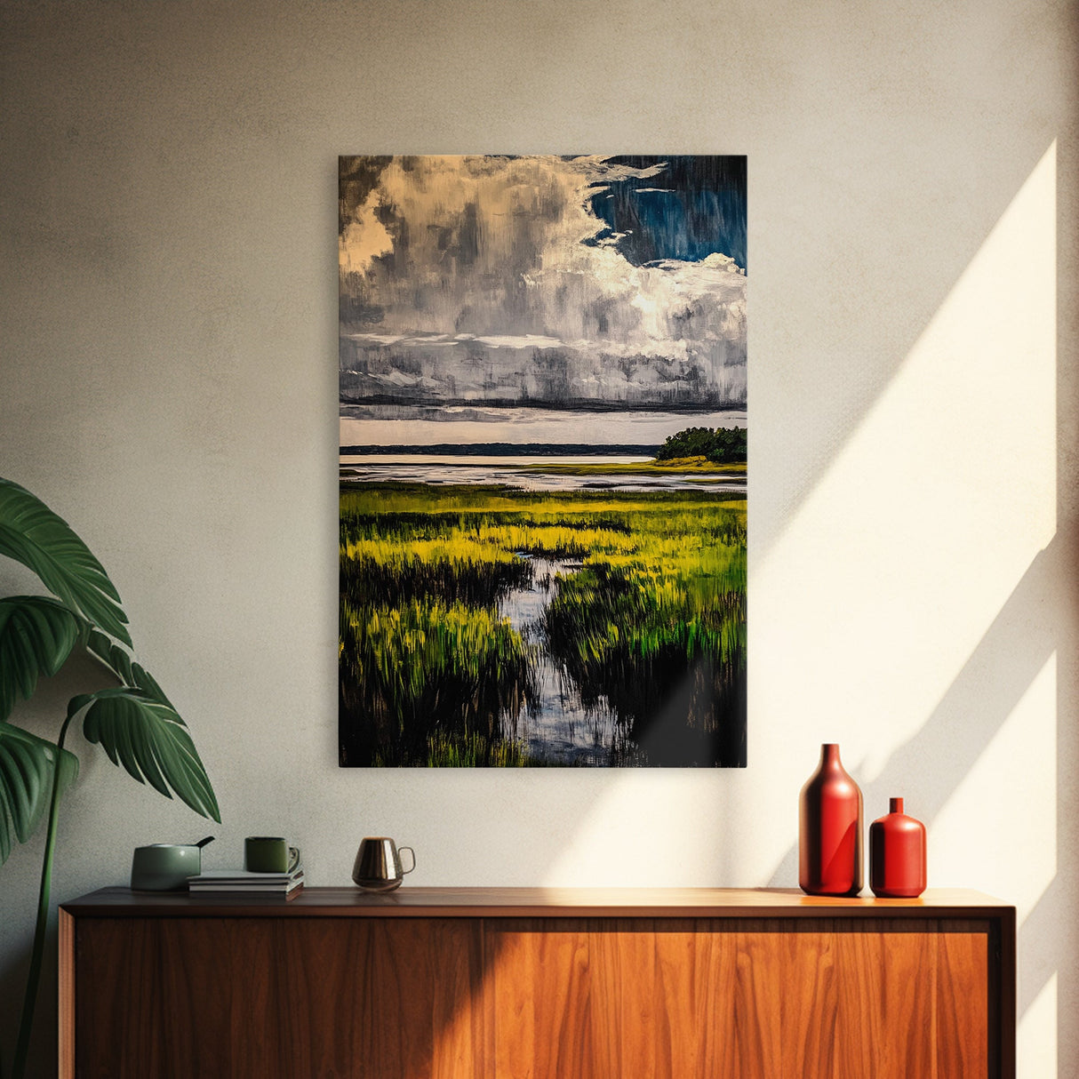 Stormy Marsh, Moody Landscape Art, Coastal Nature Scene, Modern Rustic Decor, Fall Home Wall Art, Framed Canvas Print, Office Artwork