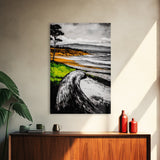 Driftwood Shore, Ocean Beach Wall Art, Modern Coastal Decor, Nature Seascape Print, Tranquil Waves, Framed Canvas Print