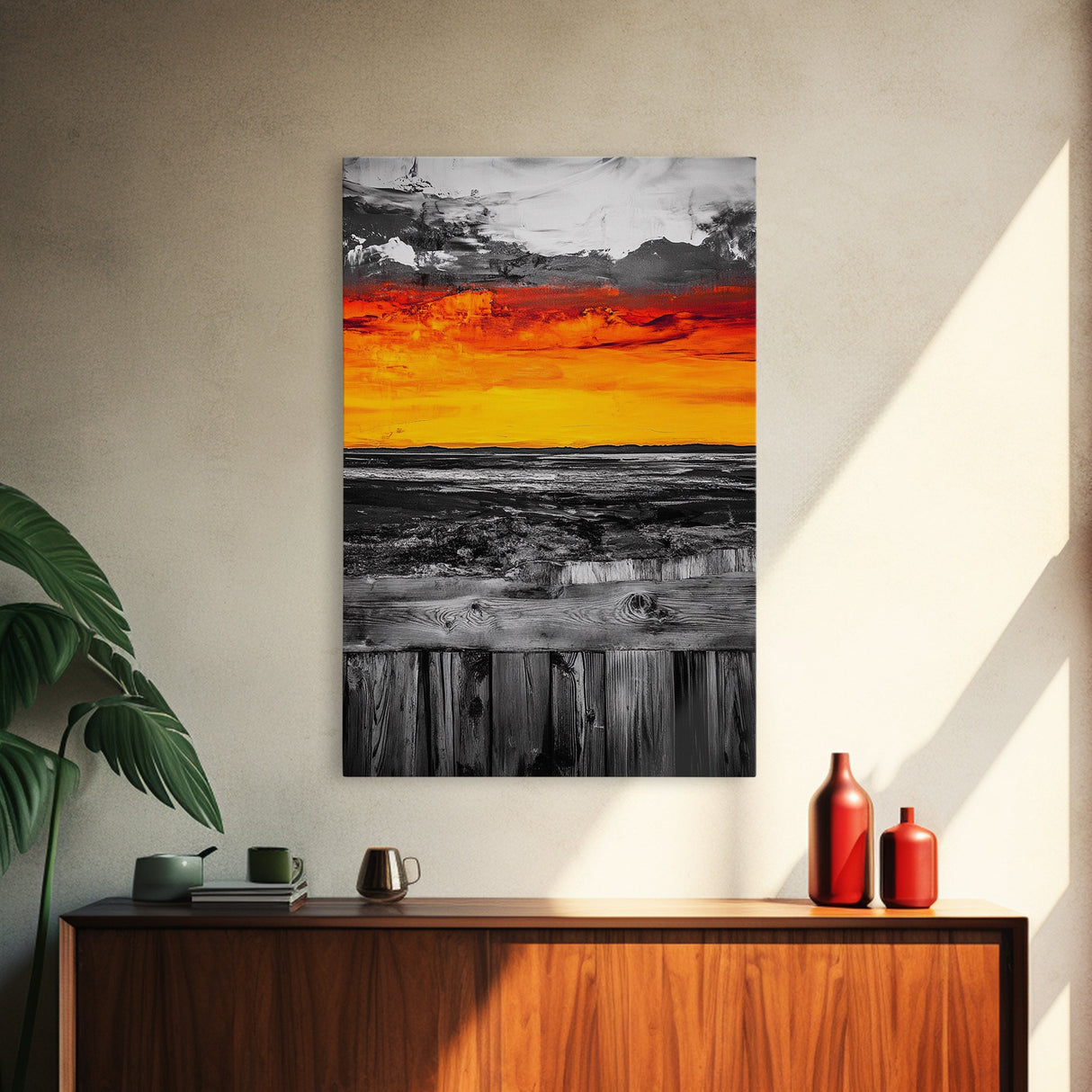 Sunset Landscape, Rustic Fence, Fiery Sky Art, Bold Color Wall Art, Abstract Nature Scene, Canvas Print, Boho Home Decor