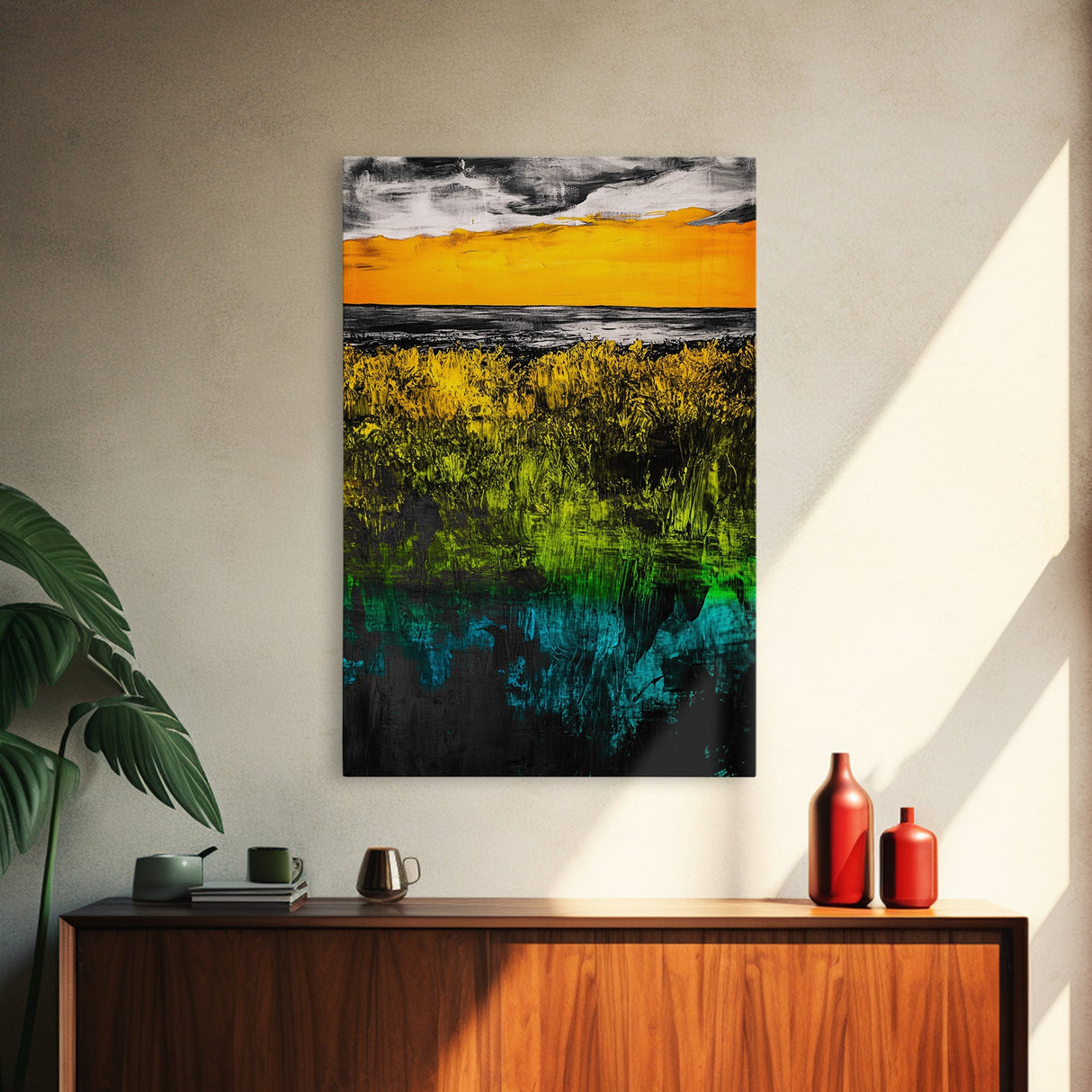 Vibrant Sunset, Golden Horizon, Abstract Landscape, Fall Wall Decor, Textured Nature Art, Framed Canvas Print, Modern Home Art