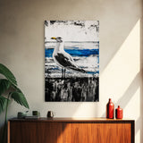 Seagull Painting, Coastal Bird Art, Ocean Wall Decor, Nautical Home Art, Blue and White Theme, Framed Canvas Print, Beach House Decor