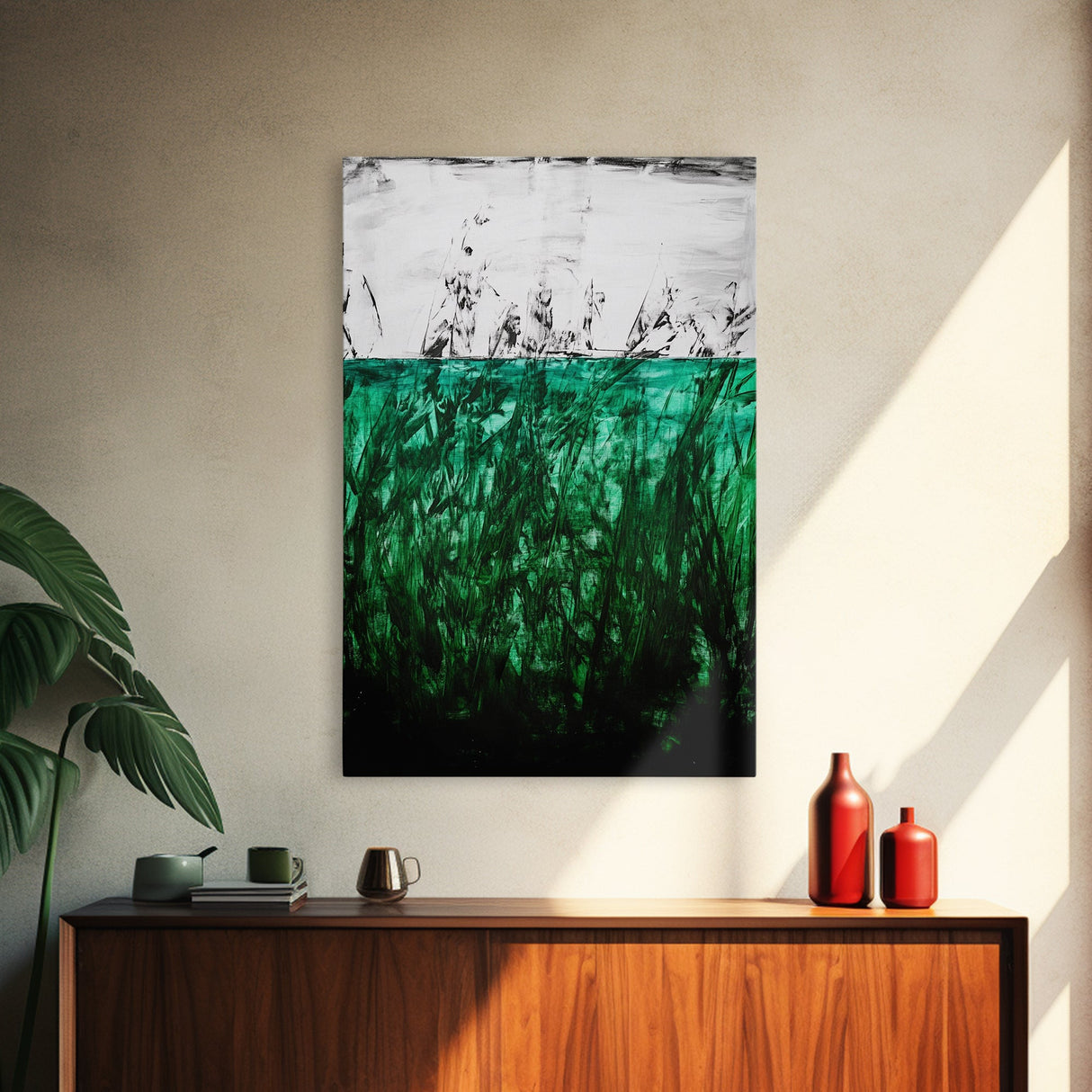 Abstract Grassland, Green Nature Art, Minimalist Botanical Wall Decor, Earthy Modern Print, Framed Canvas Print, Living Room Wall Art