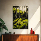 Forest Scene, Green Woodland Art, Sunlit Trees Print, Serene Nature Wall Decor, Cozy Cabin Art, Framed Canvas Print, Rustic Home Decor