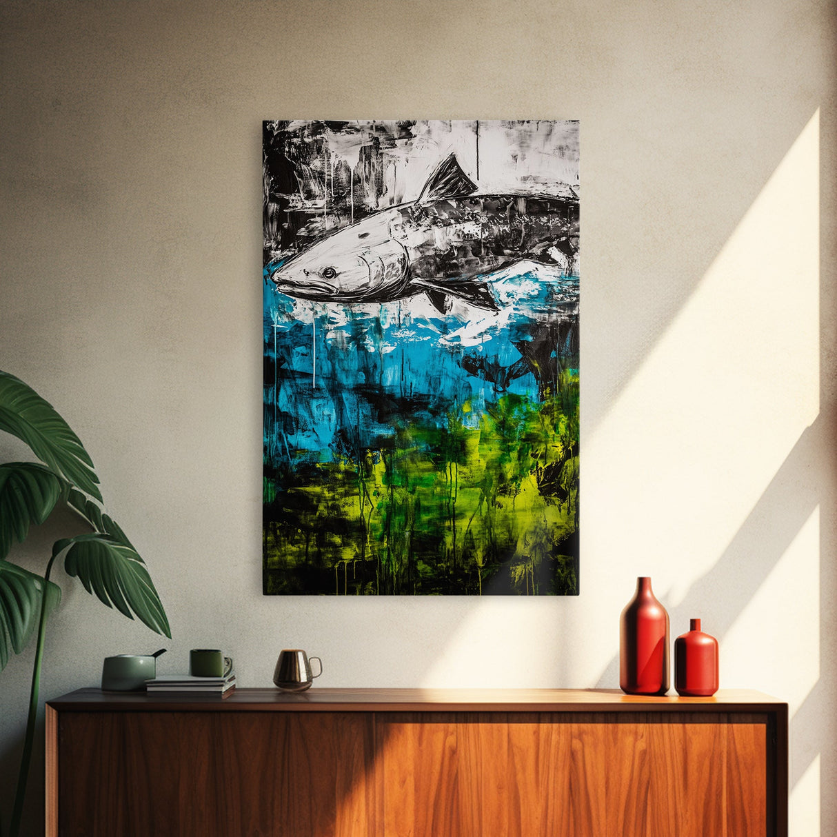Fish Underwater, Blue Green Art, Abstract Ocean, Framed Canvas Print, Living Room Decor, Coastal Wall Art, Nautical Home Decor
