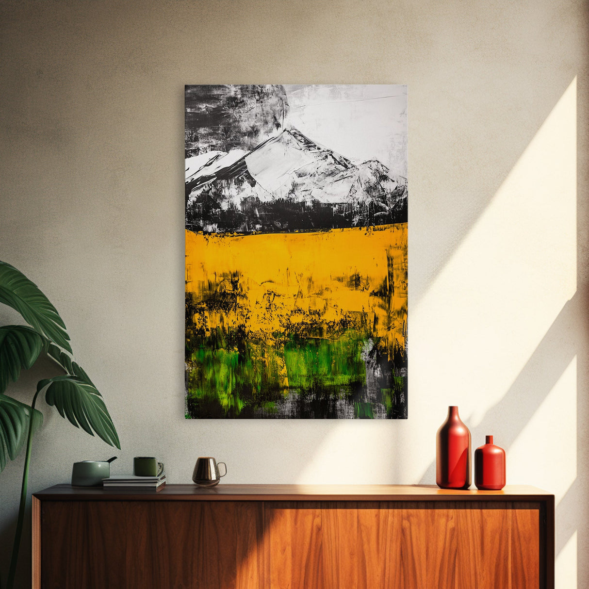 Golden Fields, Mountain Wall Art, Abstract Landscape, Bold Yellow, Rustic Decor, Autumn Artwork, Modern Painting, Framed Canvas Print