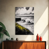 Ocean Waves Art, Black and White Seascape, Coastal Home Decor, Minimalist Beach Scene, Tranquil Water Wall Print, Framed Canvas Print