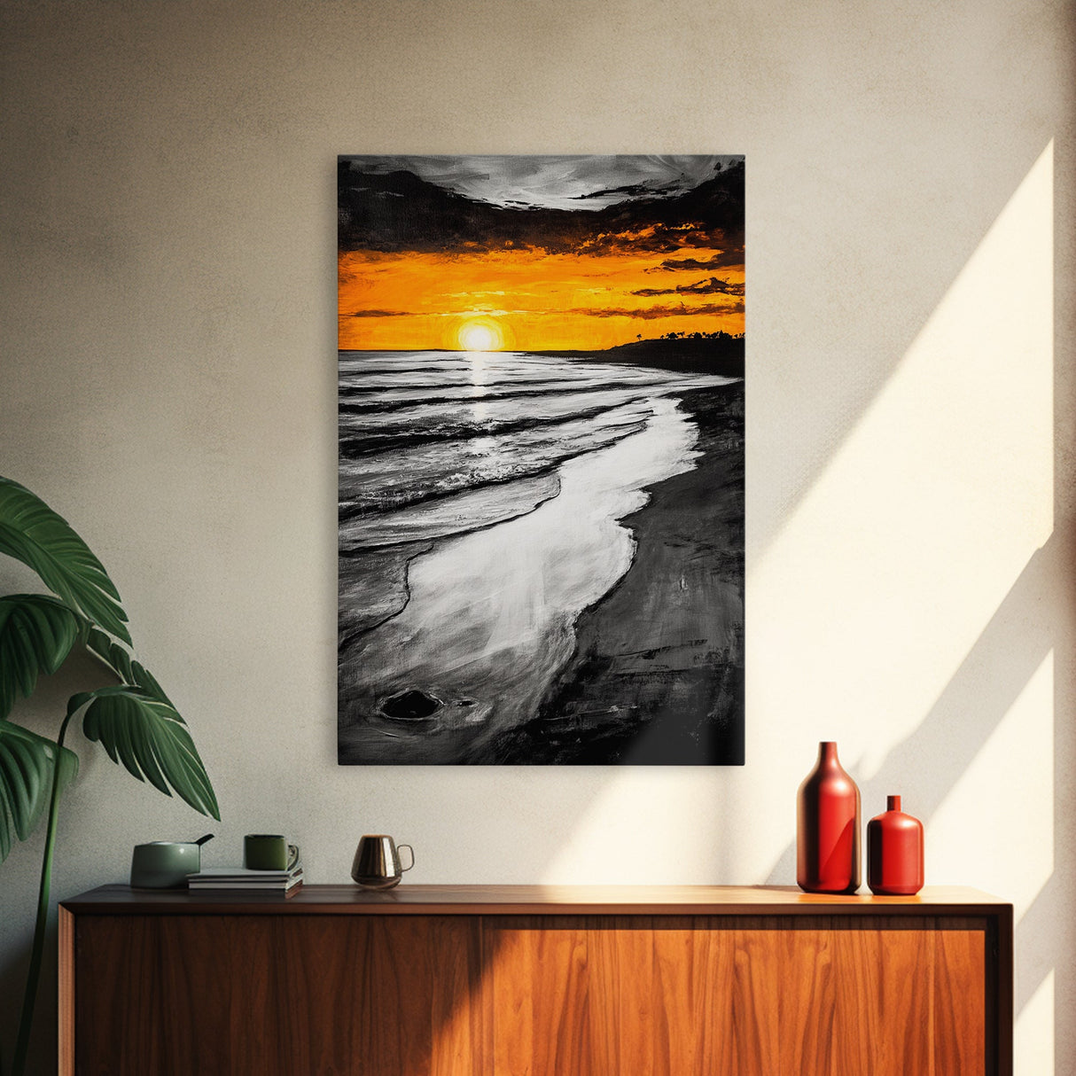 Golden Beach, Sunset Painting, Coastal Horizon, Framed Canvas Print, Seascape Art, Warm Fall Colors, Large Wall Art, Minimalist Style